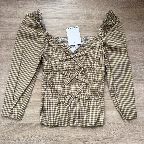 NWT Reformation Lauryn Checkered Quarter Sleeve Bow Top Brown 8 - Picture 14 of 17